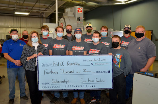 In the picture from left to right: (Front Row) Justin Durden, Machining Instructor; Tiffani Underwood, Director of the P&HCC Foundation; Justin Houck; Jack Armstrong; Joseph Sanders; Denver Smith, Motorsports Instructor; Talmage Thomas, Motorsports Instru
